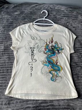 Ed Hardy Cream Short Sleeve Tee with Blue & Yellow Dragon Graphic